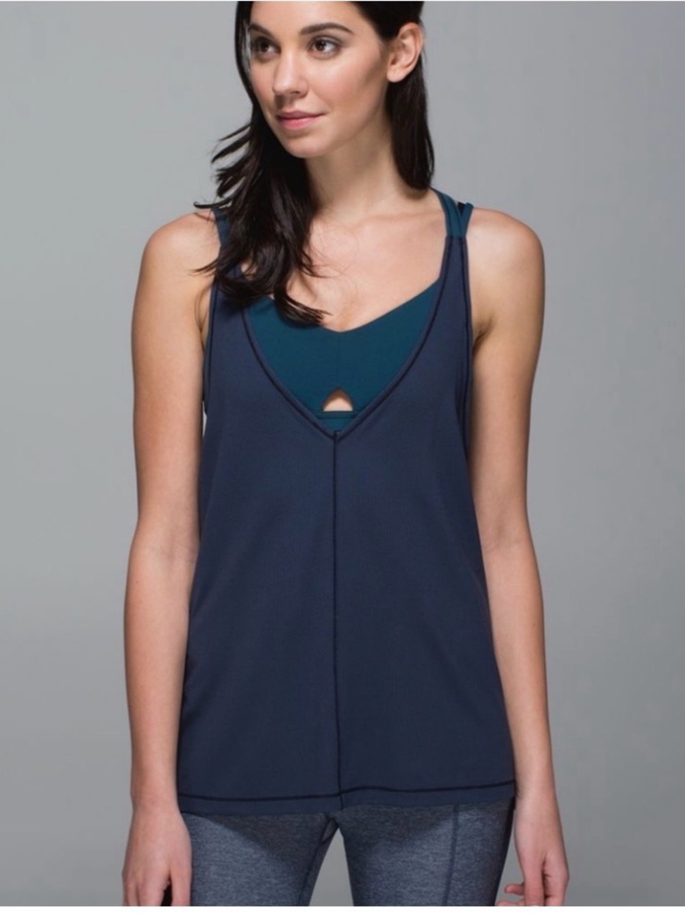 lululemon athletica white flowy layered tank w tan & white striped bra under
